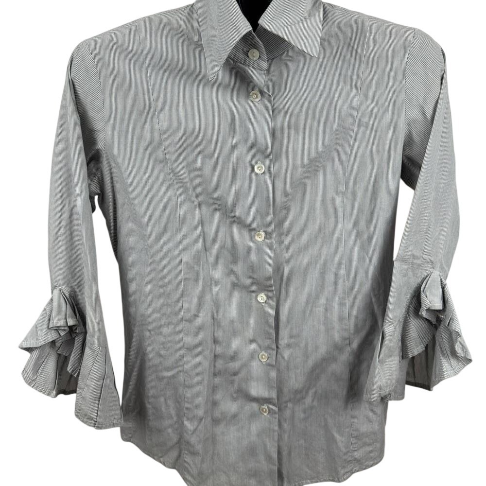 Vintage Bell Striped Ruffle‎ Sleeve Blouse Women's 4 Cotton Made USA Button Up